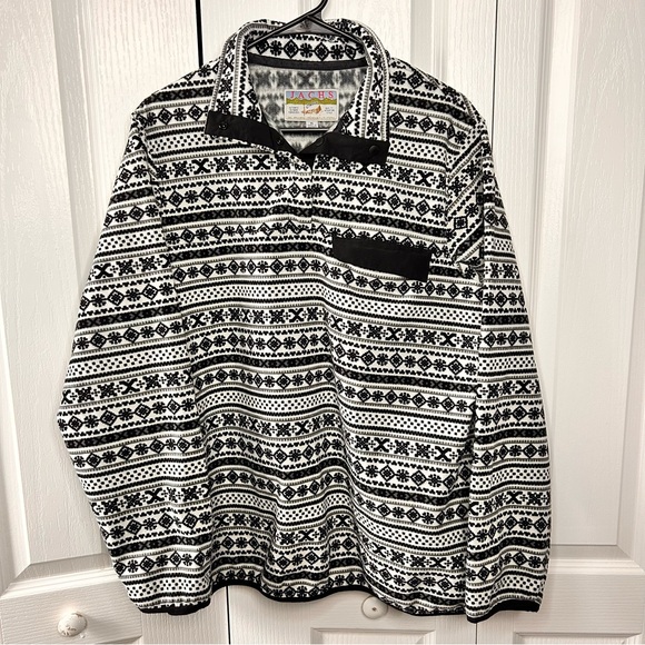 Jachs Cabin Womens XL Pullover Fleece Lined 1/4 Snap Sweater Black Fair Isle EUC - Picture 1 of 7